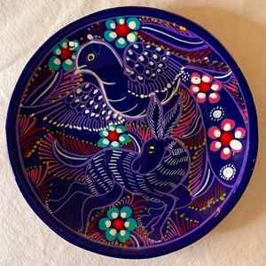 Mexican Pottery 6.5" Handpainted Trinket Bird Donkey Plate~Purple White Pink Grn
